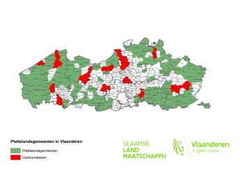 Kaart van Vlaanderen met plattelandsgemeenten en centrumsteden