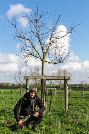 Jens Mouton bij een boom in kader van agroforestry