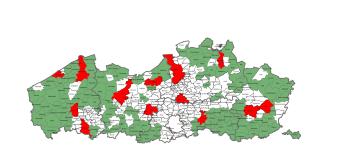 Kaart van Vlaanderen met plattelandsgemeenten en centrumsteden
